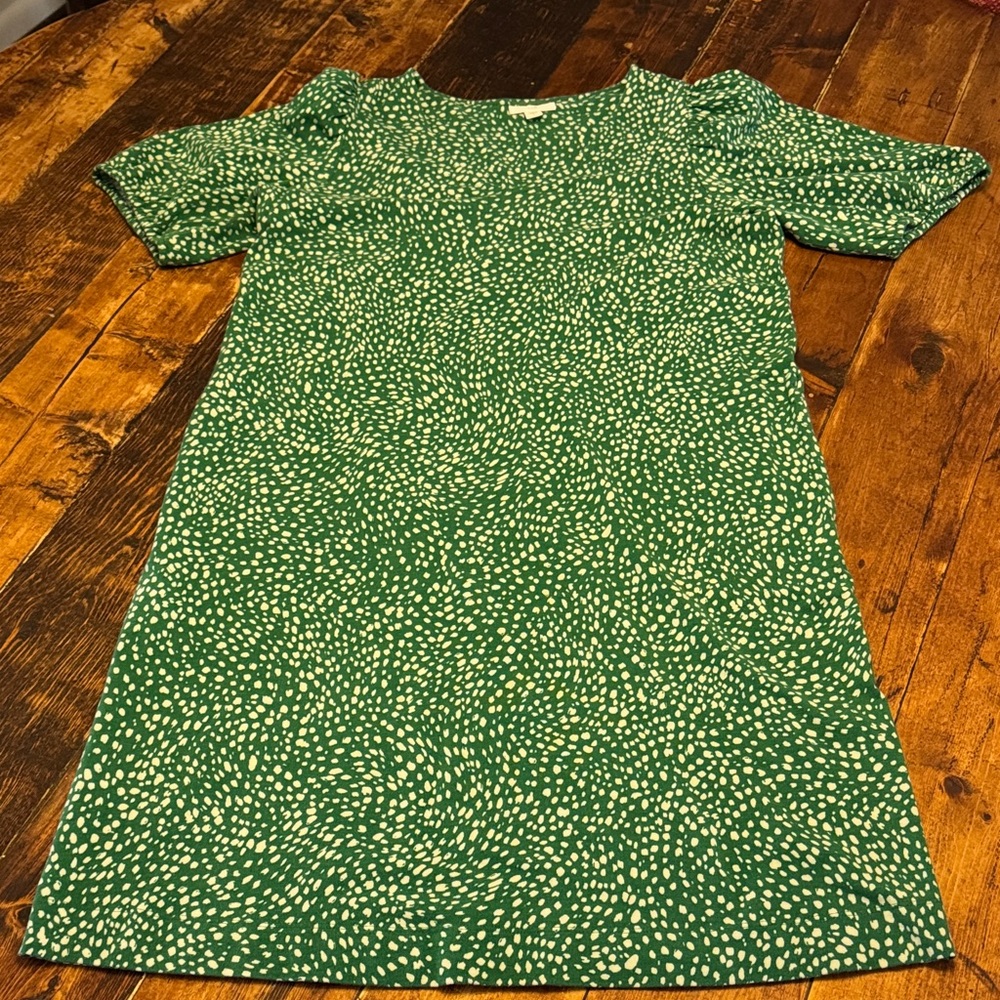 J. Jill Shift Dress Women’s Size S Green White Dot V Neck Elbow Sleeves Casual